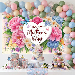 Mother’s Day Backdrop Banner Flowers Happy Mothers Day Decorations Banner I Love
