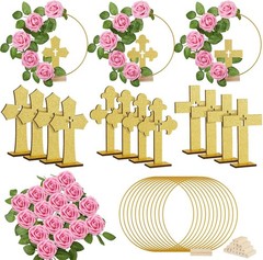 Classic Baptism Decoration Kit: 12 Wooden Crosses, Floral Hoops & 24 Roses