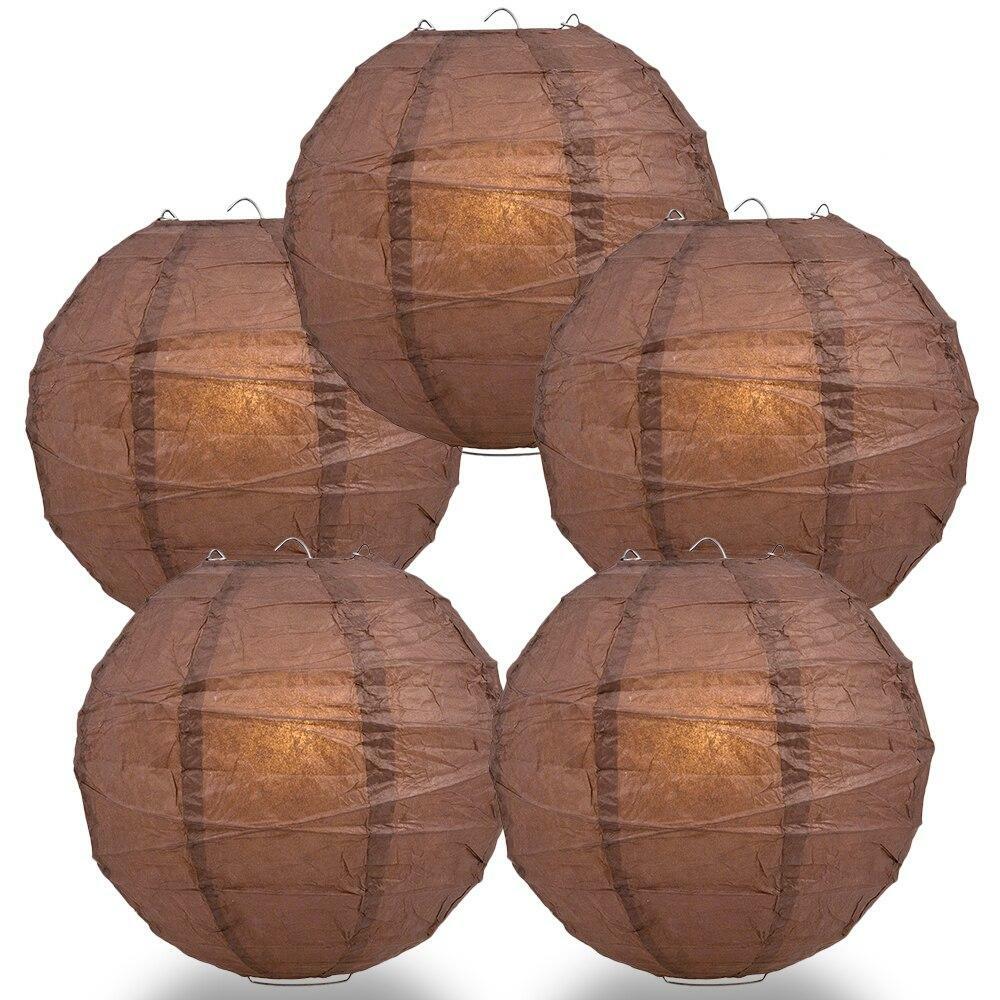 BULK PACK (5) 24″ Brown Round Paper Lantern, Crisscross Ribbing, Chinese