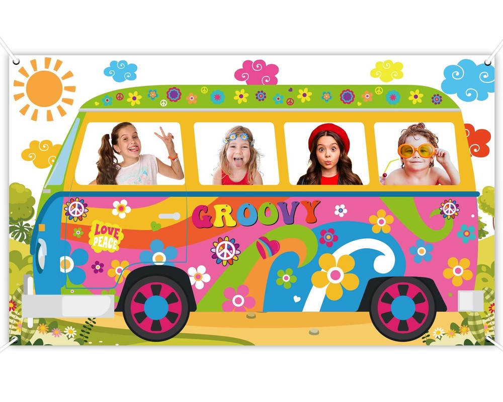 60s Hippie Bus Photo Prop Backdrop Fabric Retro Groovy Van Selfie Frame Banner