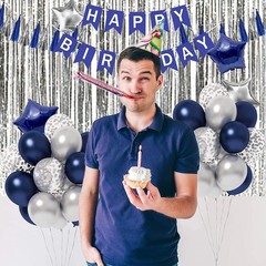 Birthday Decorations for Men Blue White Party Decor Supplies Boy Including Happy