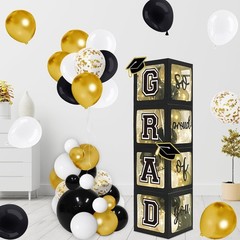 Elegant 2026 Graduation Party Set: 4 Black & Gold Grad Boxes and Balloon Arch