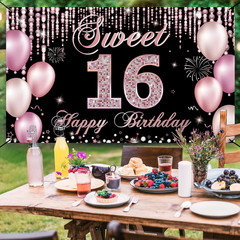 Sweet 16 Birthday Decorations, Happy 16th Birthday Banner Backdrop for Girls, Pi