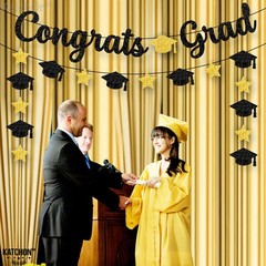 2026 Graduation Decorations – Glitter Black & Gold Congrats Grad Banner 10ft | C
