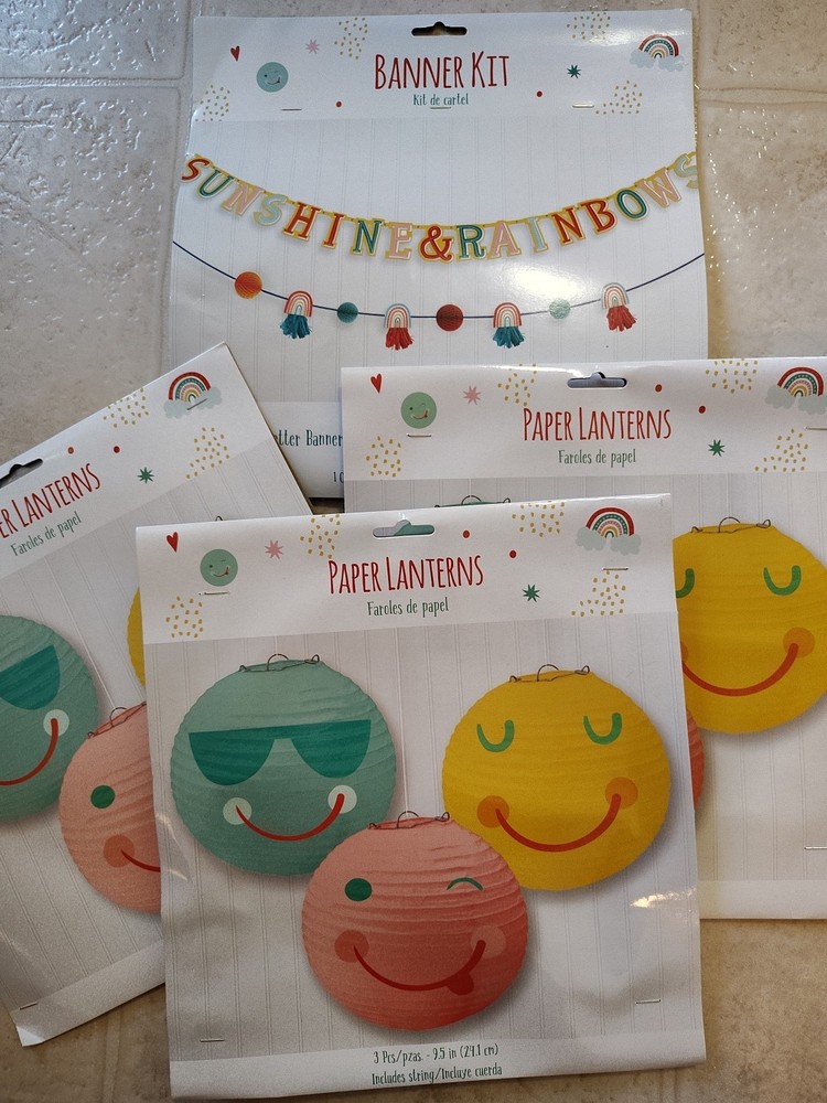Sunshine And Rainbows Party Birthday Lot Banner Kit , 9 Paper Lanterns.