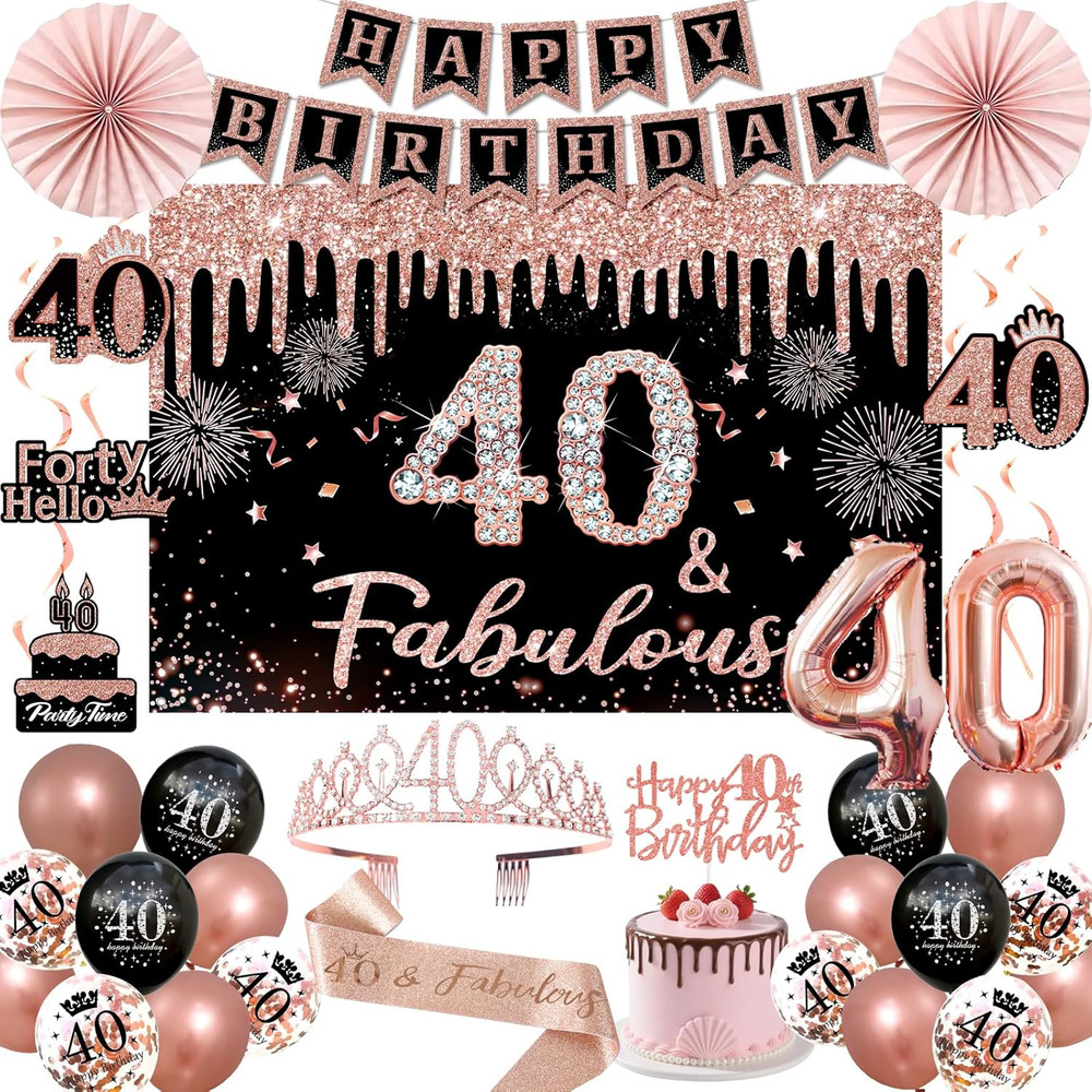 40Th Birthday Decorations for Women – 34Pcs Black Rose Gold Birthday Party Decor