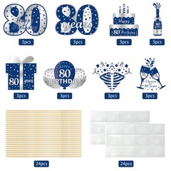 24Pcs 80th Birthday Decorations Table Topper for Men, Blue Silver 80 Year Old…