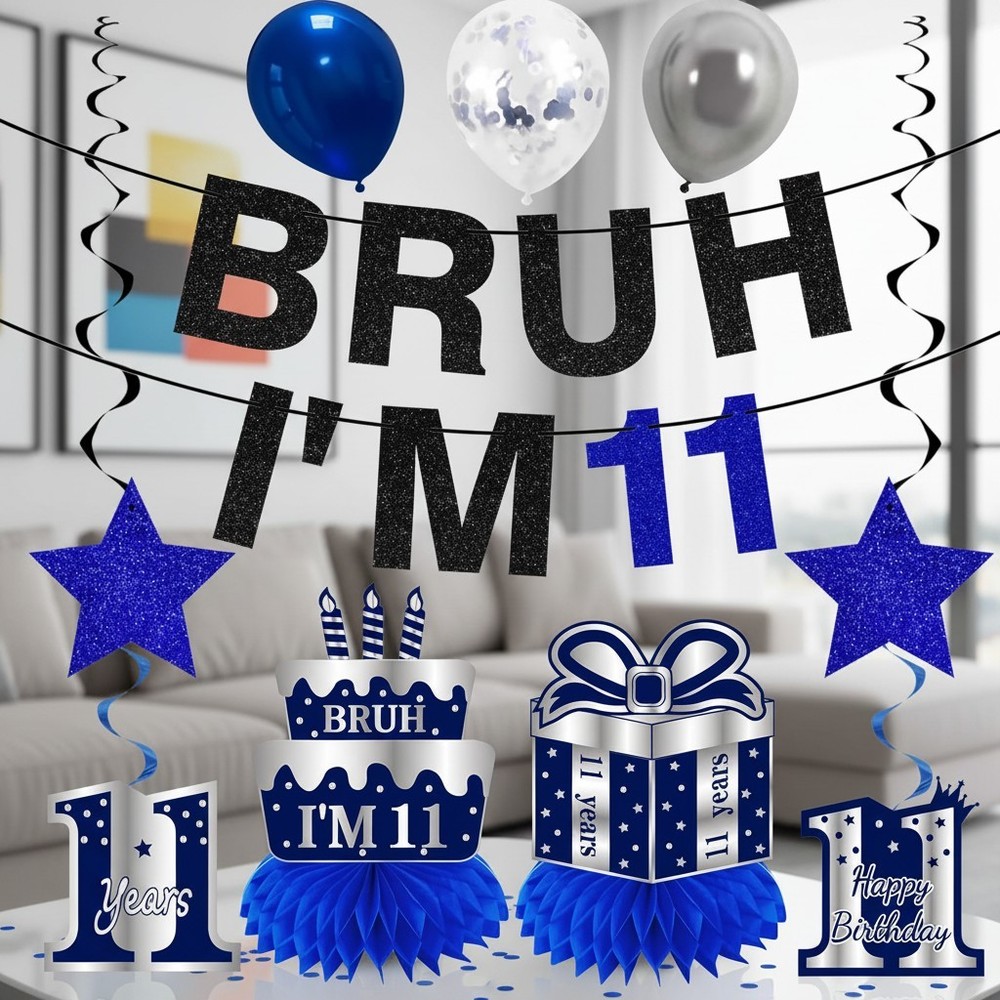 Durable 11th Birthday Decor Kit in Blue and Silver – Easy to Hang and Reusable