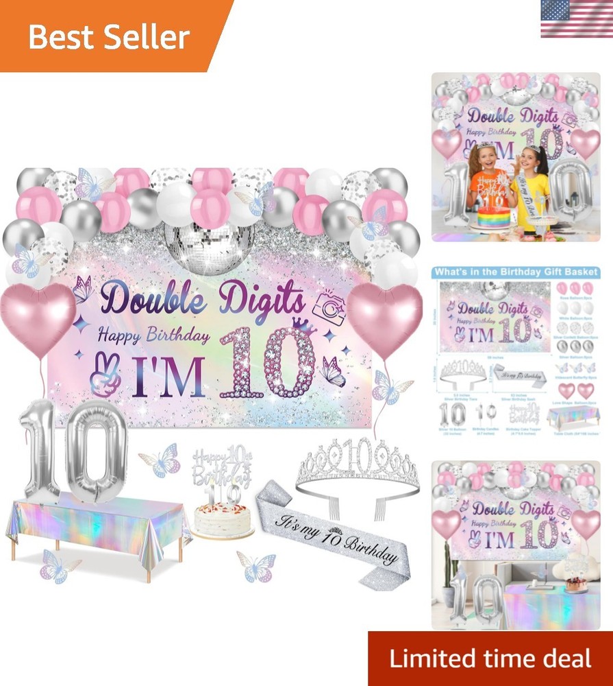 10th Birthday Decorations for Girls,49pcs Silver Dazzle Double Digits Banner,…