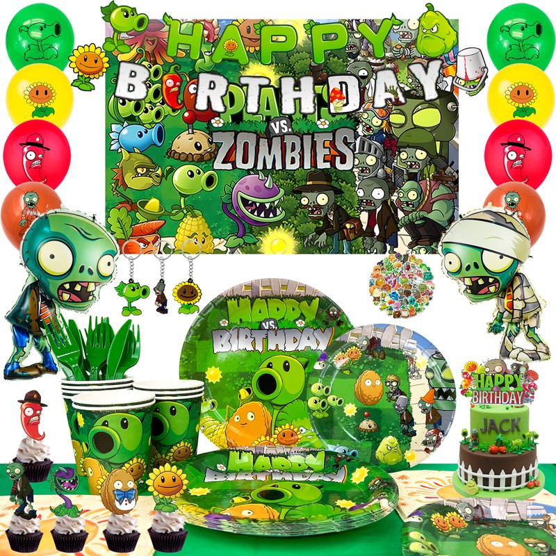 169 Pcs Plants Vs Play Game Zombies Party Kit Banner Balloon Backdrop Tableware