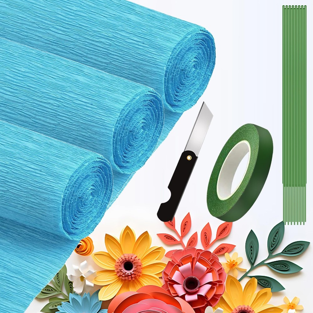 3 Rolls Blue Crepe Paper Sheet 9.8Inch x 8.2Ft DIY Gift Color Flower Set Decor