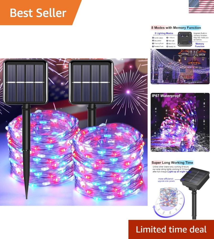 Flexible 200 LED Solar Fairy Lights – Stunning Red, White, Blue for Outdoor Fun