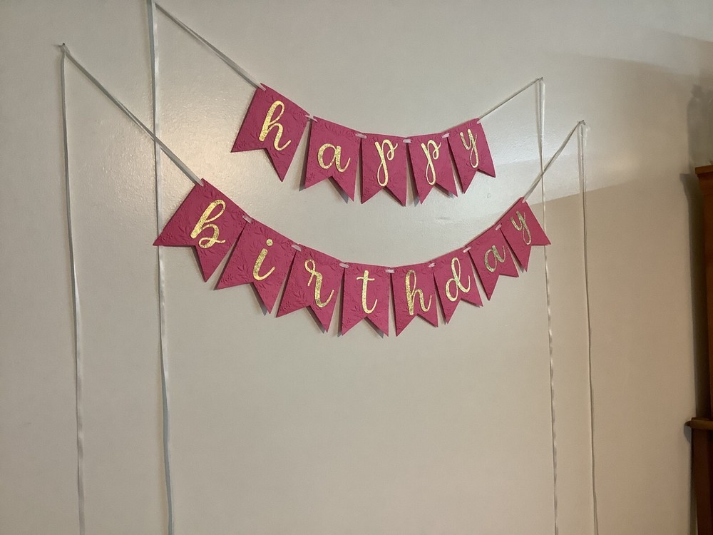 Happy Birthday Pink Embossed Banner Bunting, with Gold Glitter Letters