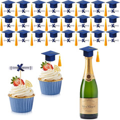 Mini Graduation Cap Decorations – 48 Pcs Blue Felt with Gold Tassel & Diploma