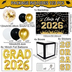 2026 Graduation Decorations – 123pcs Black Gold Balloon Arch Kit & Backdrop Supp