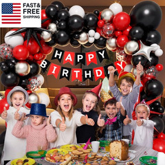 Red and Black Birthday Party Decorations, Red Black White Metallic Silver Foil B