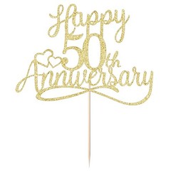 golden Glitter Happy 50th Anniversary Cake Toppers -Wedding 50th Gold
