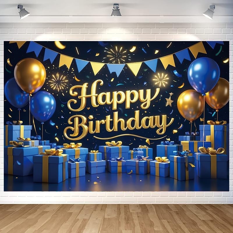 Blue Gold Happy Birthday Backdrop Banner Photo Background Party Decoration