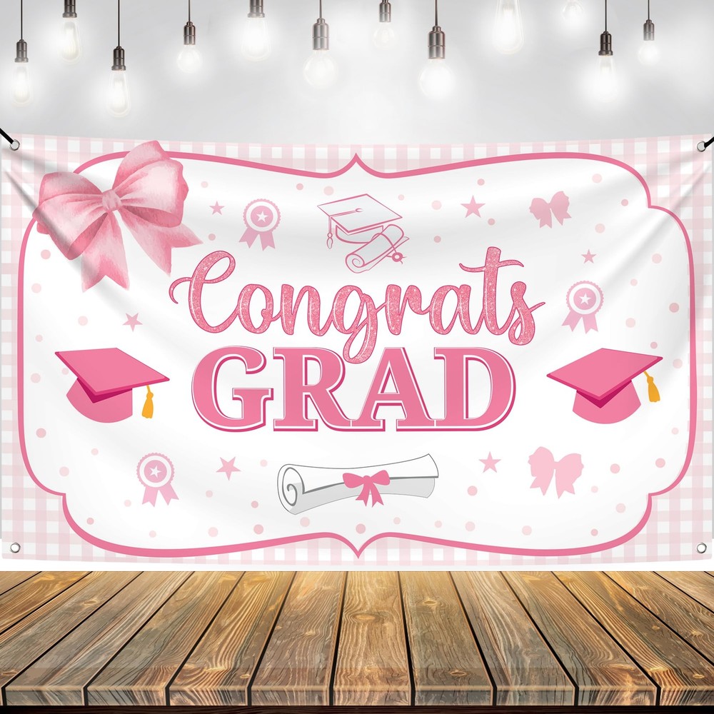 Pink Bow Congrats Grad Banner – 72×44 Inch | Pink graduation banner Class Of 202