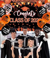 Orange and Black Graduation Decorations Class of 2026 Banner with 18 Pcs Grad Ba