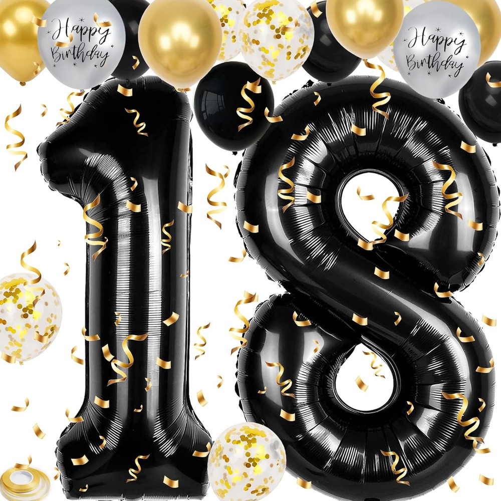 18th Birthday Decorations for Boys, 40 inch 18 Balloon Numbers, 18 18, Black