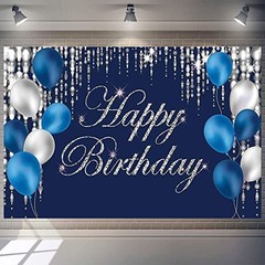 Navy Bluey and Silver Happy Birthday Backdrop Banner 7x5ft Navy Blue and Silver