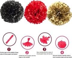 Elegant 12-Piece Black, Red & Gold Paper Pom Poms for Weddings & Celebrations