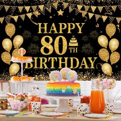 80th Decorations for Men – Happy 80th Banners Decorations Black Gold 80 Years…
