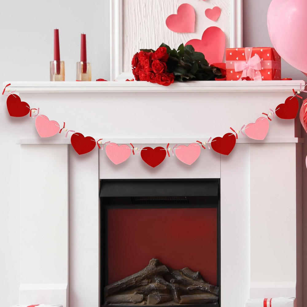 8.2Ft Valentine’S Day Heart Garland with Bow Felt Pink Banner with Wooden Beads