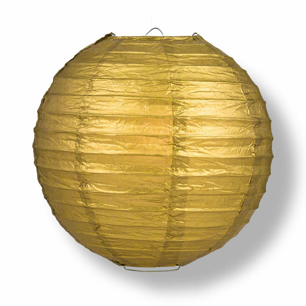 12″ Gold Round Paper Lantern, Even Ribbing, Chinese Hanging Wedding & Party Deco