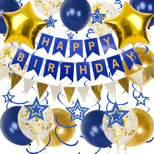 Navy Blue Gold Birthday Decorations, Happy Birthday Banner and Gold Star Ball…