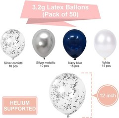50 Navy Blue Silver Confetti Balloons 12″ Pearl Chrome for Graduation 2023