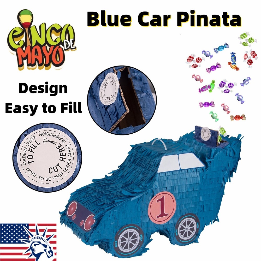 Blue Car Pinata Mexican Pinatas with Hanging Loop for Kids Birthday Party Decor