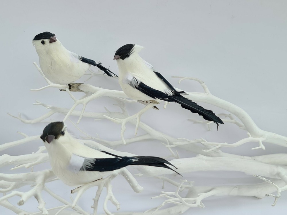 3 Artificial Black White Feather Fake Clip Birds Home Decoration Craft Art Model