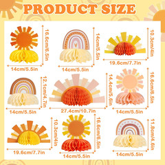 9PCS Boho Sun Honeycomb Centerpieces Boho Rainbow Party Decorations First Trip a