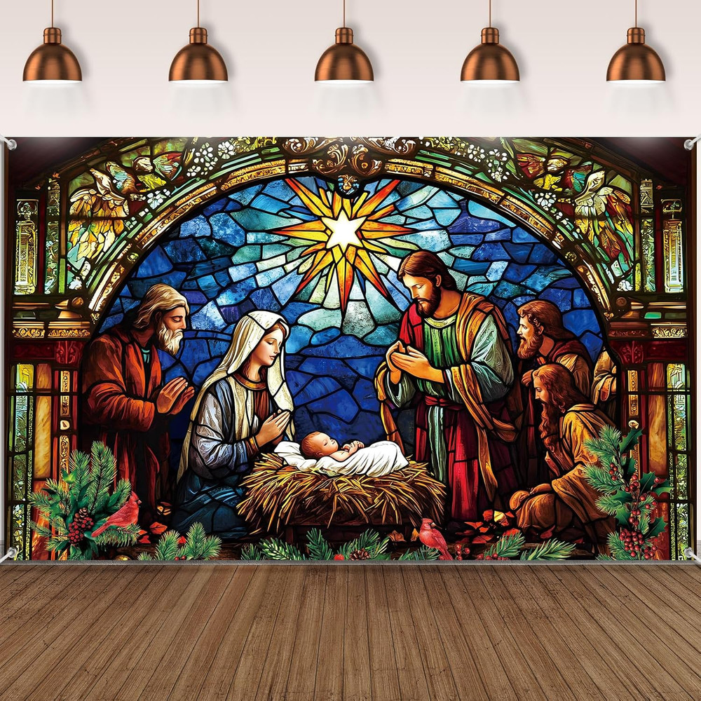 73″x43″ Christmas Nativity Backdrop Religious Holy Scene Banner Decor