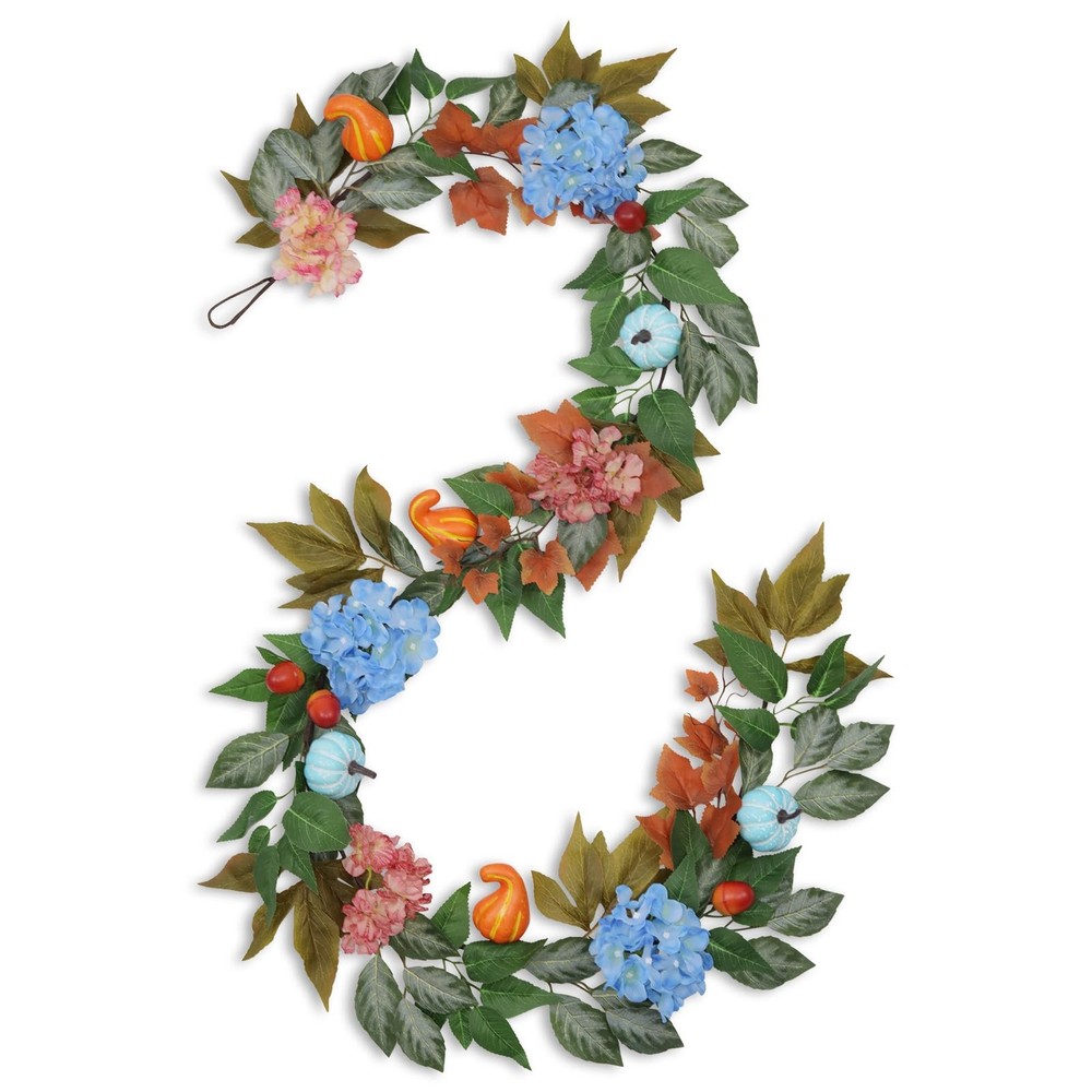 6ft Fall Hydrangea Garland with Blue Pumpkins – Autumn Artificial Floral Pump…