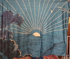 NEW NWOT 50×58″ banner backdrop fabric wall hanging green nature mountains sun