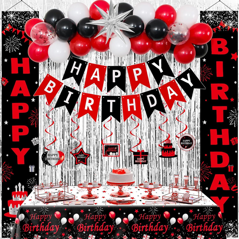 Red and Black Birthday Decorations for Men Women Boys Girls, Happy Birthday Deco