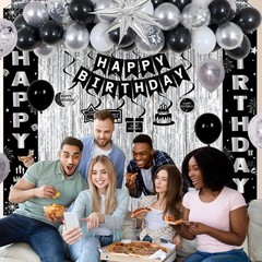 Stylish Black & Silver Birthday Decorations Set for Men, Women, Kids – Balloons,