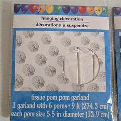2 Tissue Pom Pom Garland With 6 Poms Black And White New 9ft Long