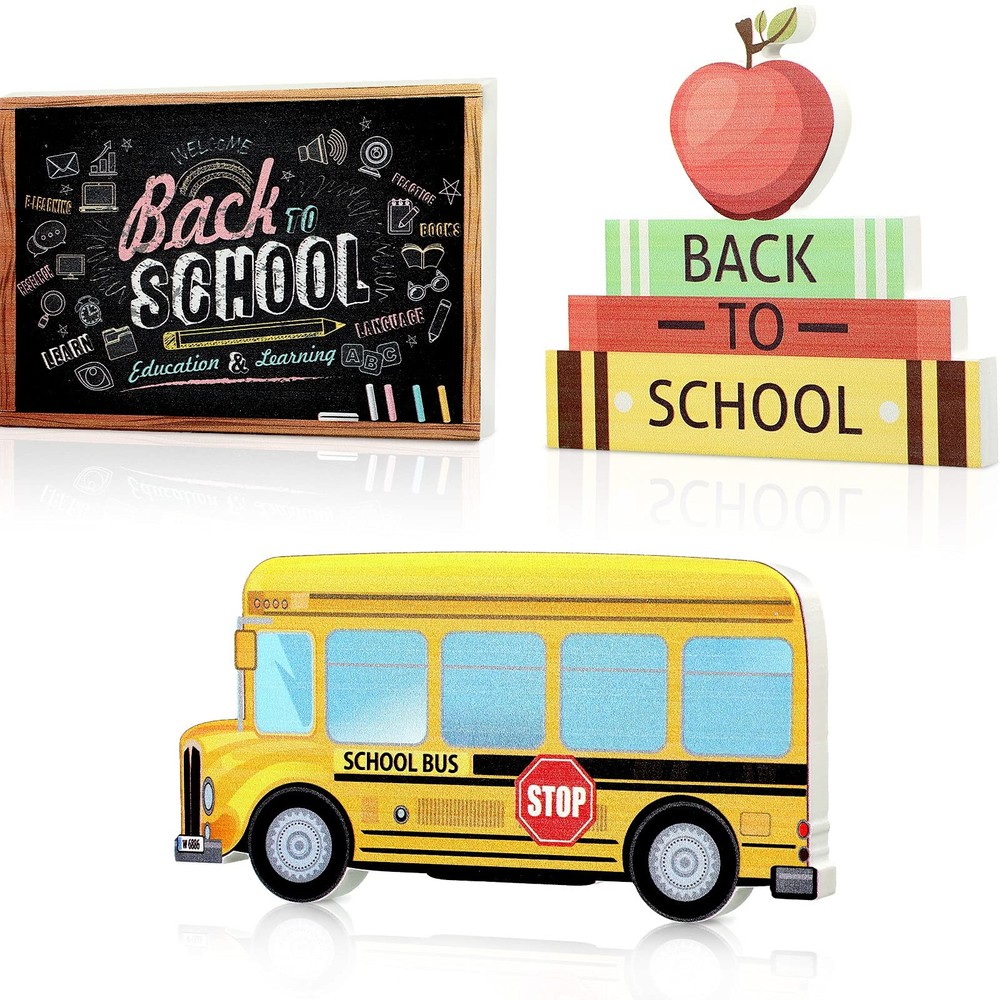 3 Pcs Back to School Table Decoration Wood Apple Book Bus Block Sign Back to …