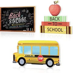 3 Pcs Back to School Table Decoration Wood Apple Book Bus Block Sign Back to …