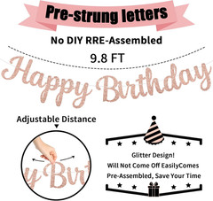Pre-Strung Rose Gold Happy Birthday Banner NO DIY for Women Men Party Decoration