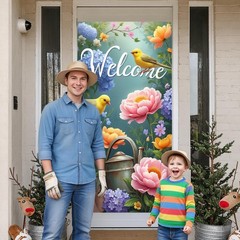 Spring Flower Bird Welcome Door Cover Decorations Floral Peony Hydrangea Yell…