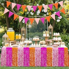 Metallic Tinsel Foil Fringe Table Skirts Light Pink Hot Pink Orange Wavy