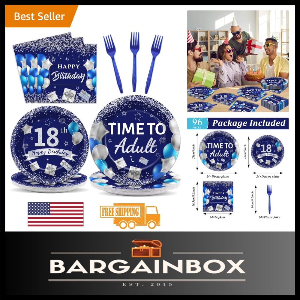 Complete 18th Birthday Tableware: 96 Pieces of Blue Silver Plates & Napkins