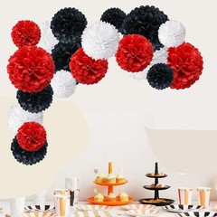 18 Pack Tissue Paper Pom Poms Flower Ball Birthday Red Black White