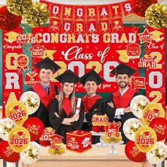 Class of 2026 Graduation Decorations Set – Red & Gold Congrats Grad Banner, Back