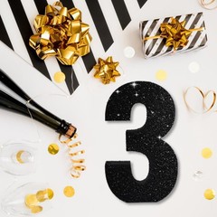 Black Glitter Number 3 Wooden Table Centerpiece 7.8 Inch Birthday Decoration